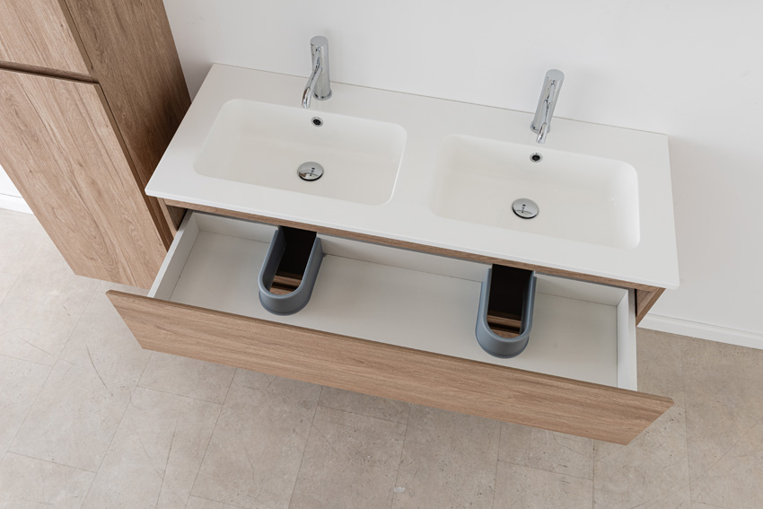 Meuble de salle de bain Bianca aspect chêne suspendu avec double lavabo blanc brillant 120,5cm