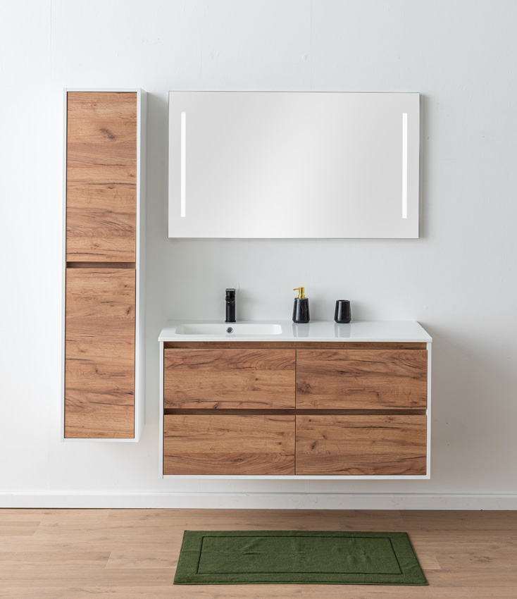 Meuble de salle de bains Treviso chêne/blanc avec lavabo simple blanc brillant 120cm