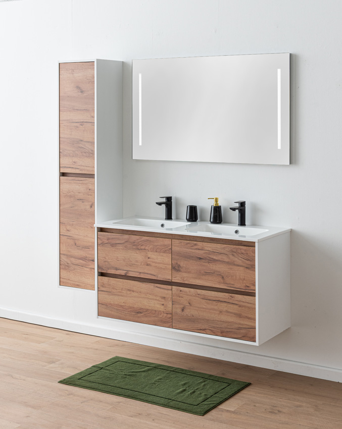Meuble de salle de bains Treviso chêne/blanc avec double lavabo blanc brillant 120cm