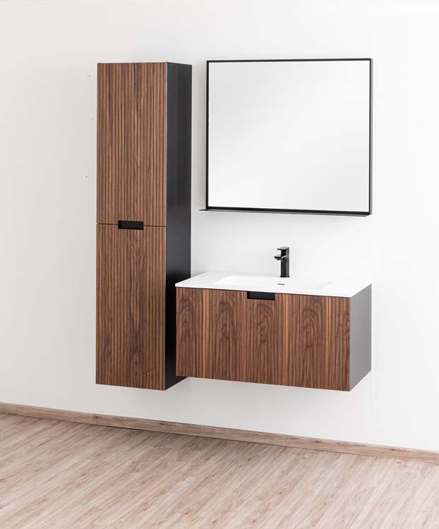 Meuble de salle de bains Willow noyer suspendu avec lavabo simple blanc mat 90cm Meuble de salle de bains Willow noyer suspendu avec lavabo simple blanc mat 90cm