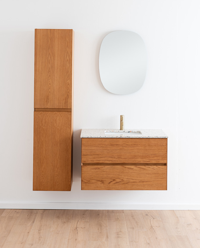 Badkamermeubel Fior eik hangend met enkele wastafel terrazzo 90cm