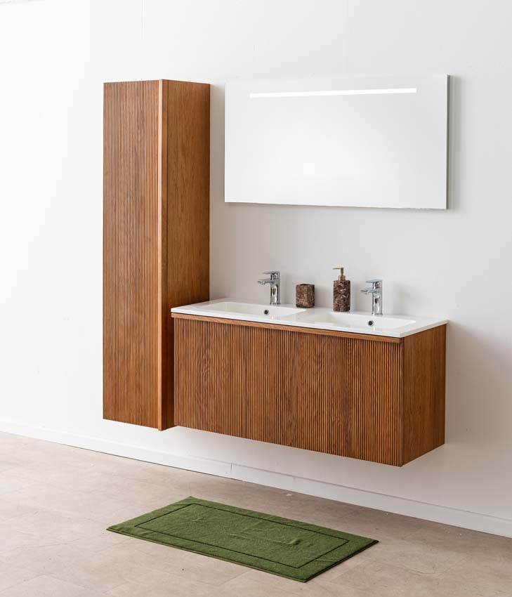 Meuble de salle de bain Fae chêne suspendu avec double lavabo blanc brillant 120cm