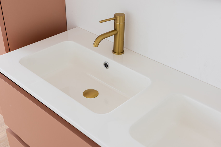 Meuble de salle de bains Dotan abricot suspendu avec double lavabo blanc brillant 120cm