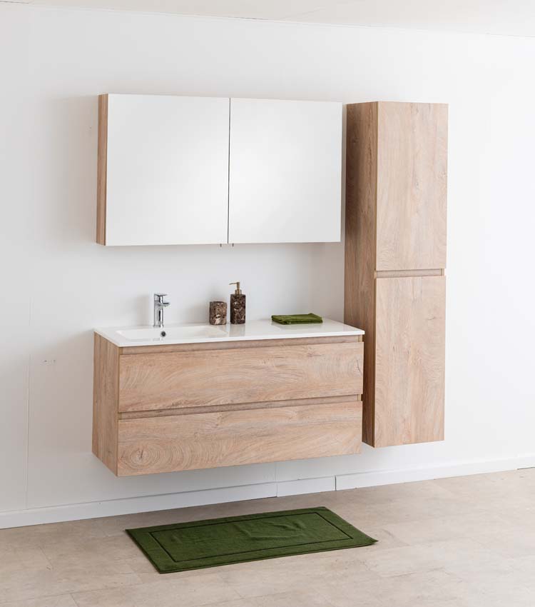 Meuble de salle de bain Tibo en chêne méditerranéen avec lavabo simple blanc mat 120cm