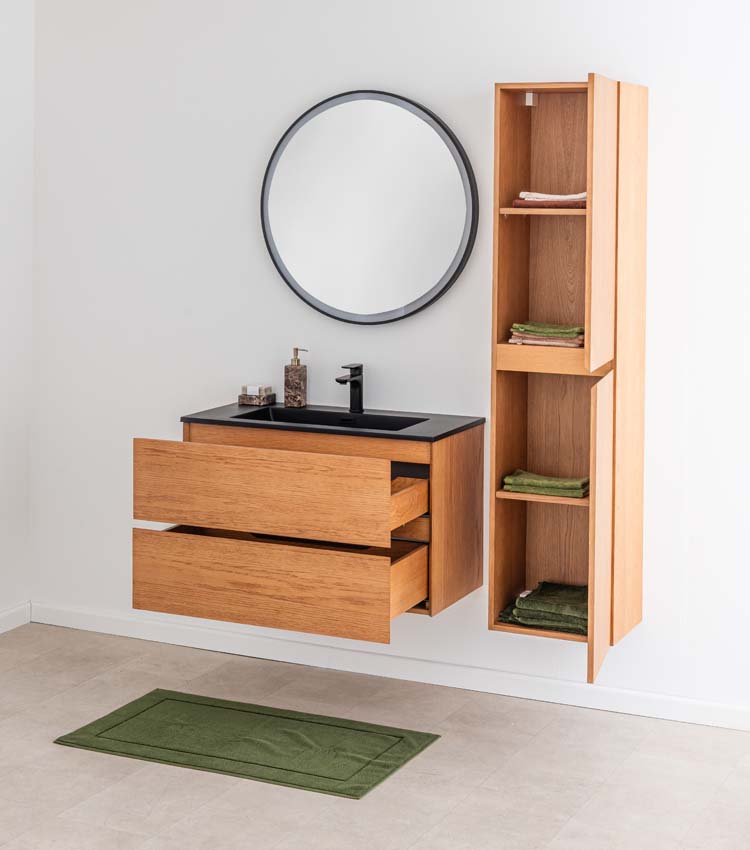 Meuble de salle de bain Fior chêne suspendu avec vasque simple noir mat 90cm