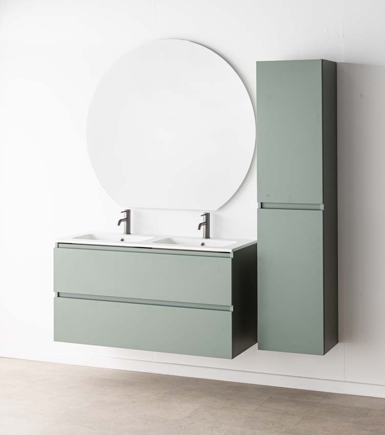 Meuble de salle de bain Dotan eucalyptus vert avec double lavabo blanc mat 120cm