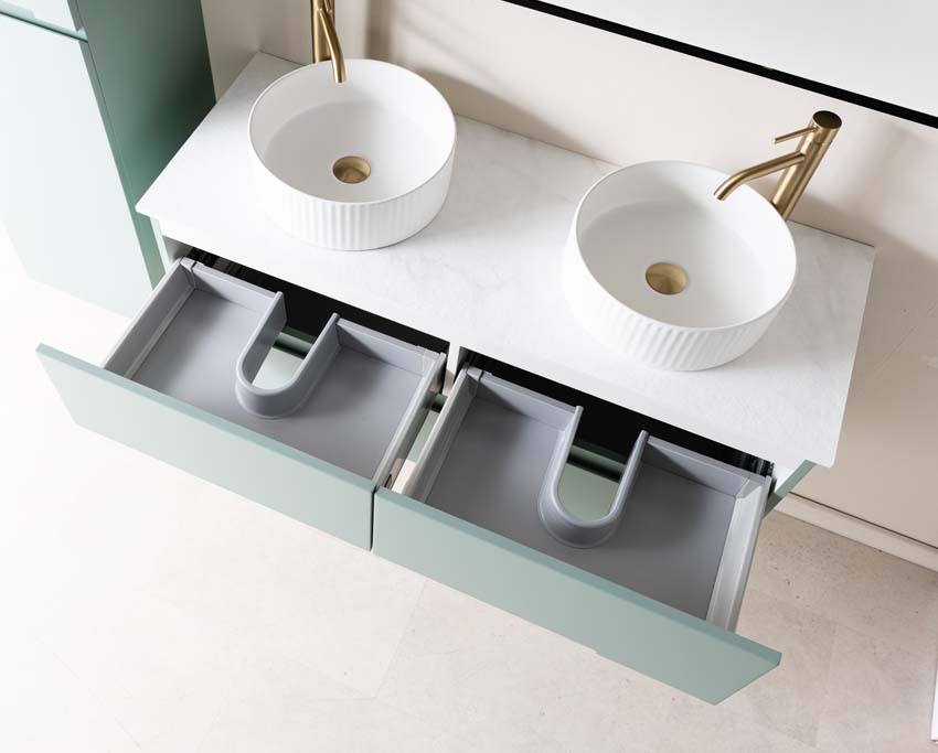 Meuble de salle de bains Truman vert gris suspendu avec double vasque à poser blanc mat 120cm
