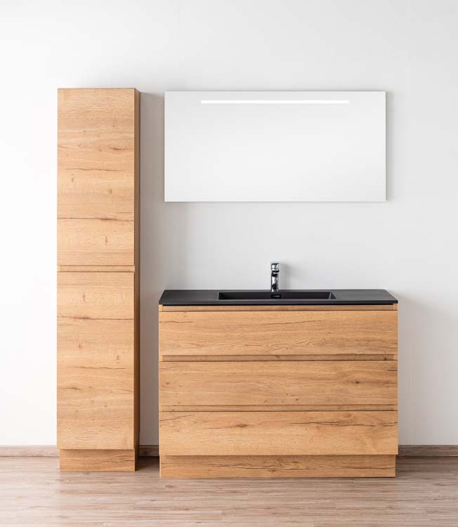 Badkamermeubel Daria eik goudbruin staand met enkele wastafel mat zwart 120cm Badkamermeubel Daria eik goudbruin staand met enkele wastafel mat zwart 120cm