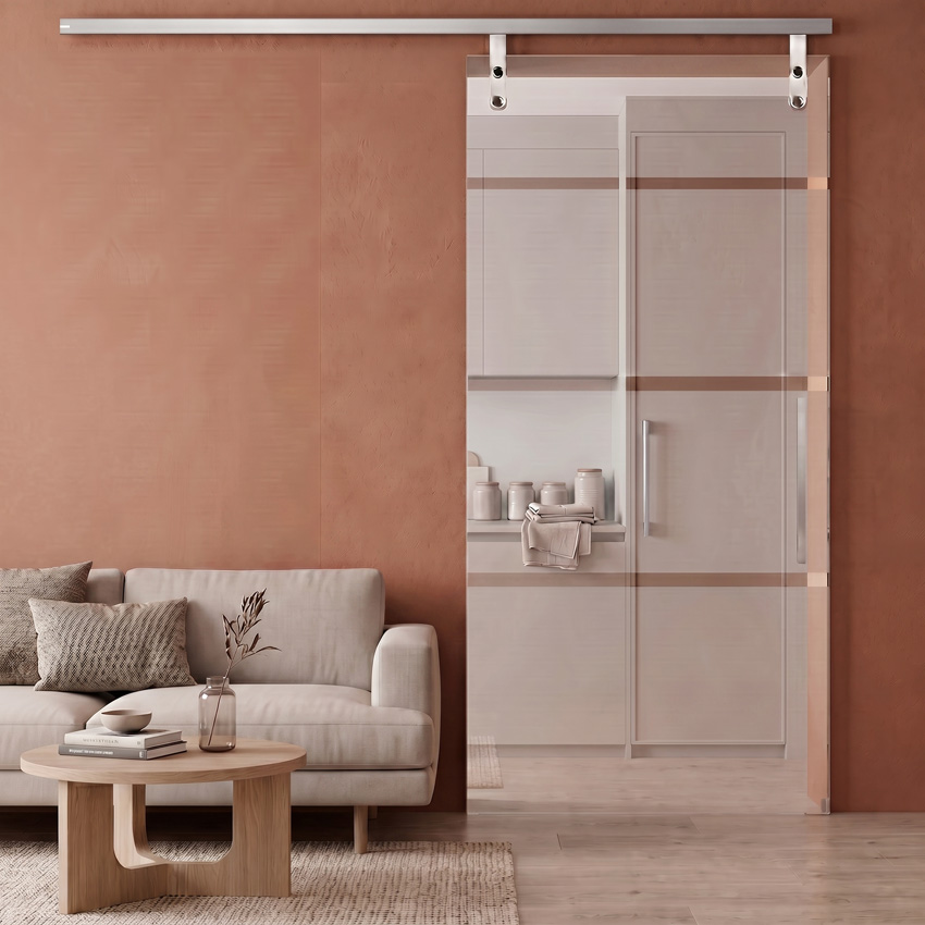 Complete glazen schuifdeur Sky Dusk mat + 4 lijnen helder 83x215cm inox vierkante trekker + rail aluminium