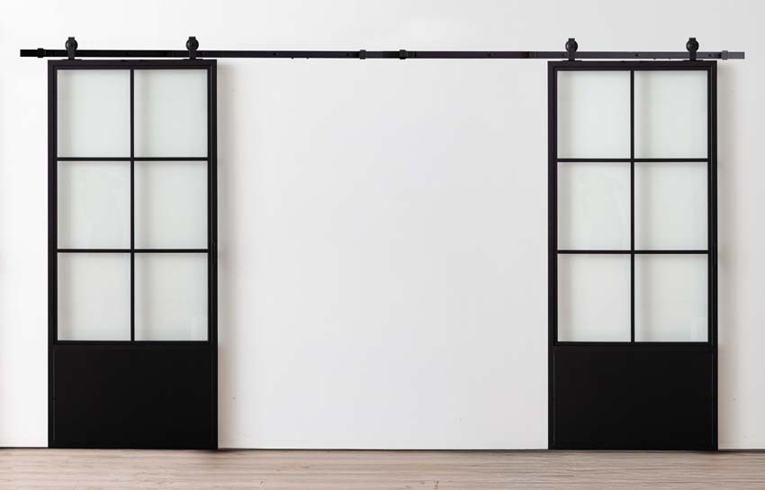 Porte coulissante double en acier complète Tyra 2x6R sur mesure + rail noir