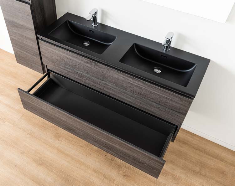 Meuble de salle de bains Dotan chêne foncé suspendu avec lavabo double noir mat 140cm