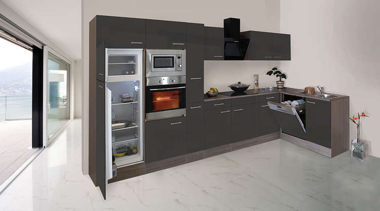 Cuisine d'angle gris/chêne foncé 370x172cm - plaque de cuisson vitrocéramique et hotte murale noire - avec appareils