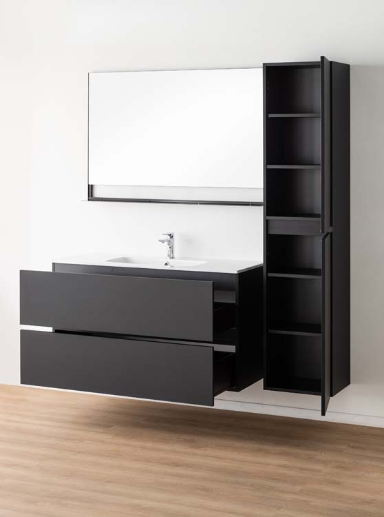 Badkamermeubel Puro mat zwart hangend met enkele wastafel glanzend wit 120cm