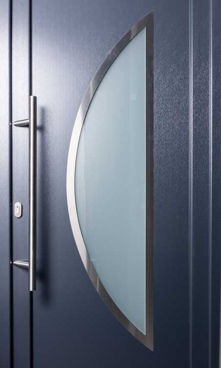 Buitendeur half maan inox rand PVC mat glas antraciet/wit linkstrekkend op maat