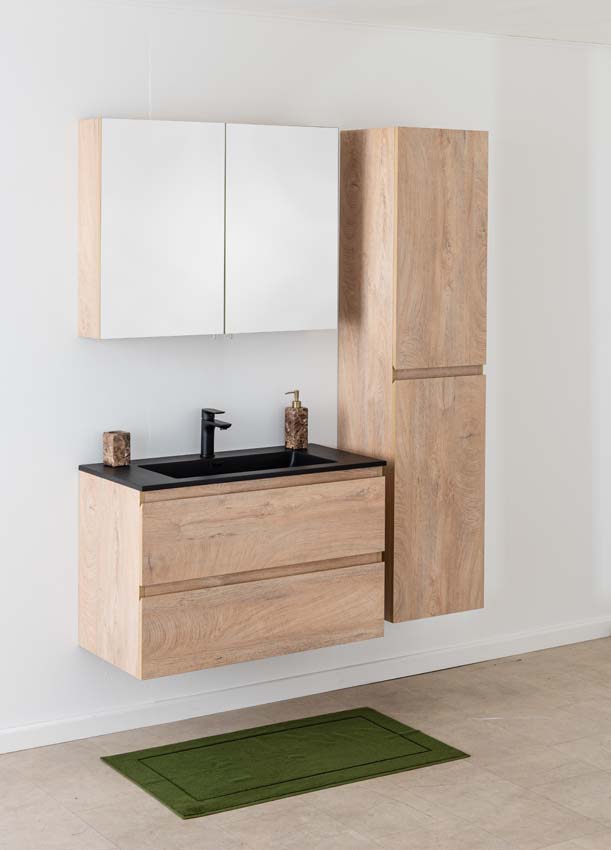 Meuble de salle de bain Tibo en chêne méditerranéen avec lavabo simple blanc noir 90cm