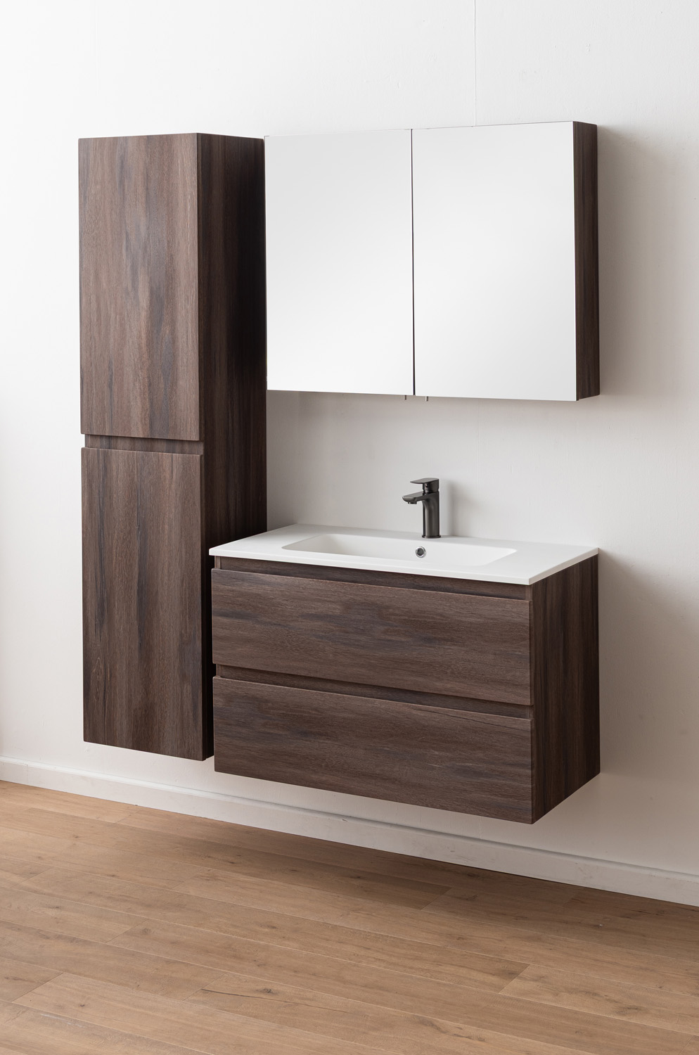 Meuble de salle de bains Tarik chêne ambré suspendu avec vasque simple blanc mat 90cm
