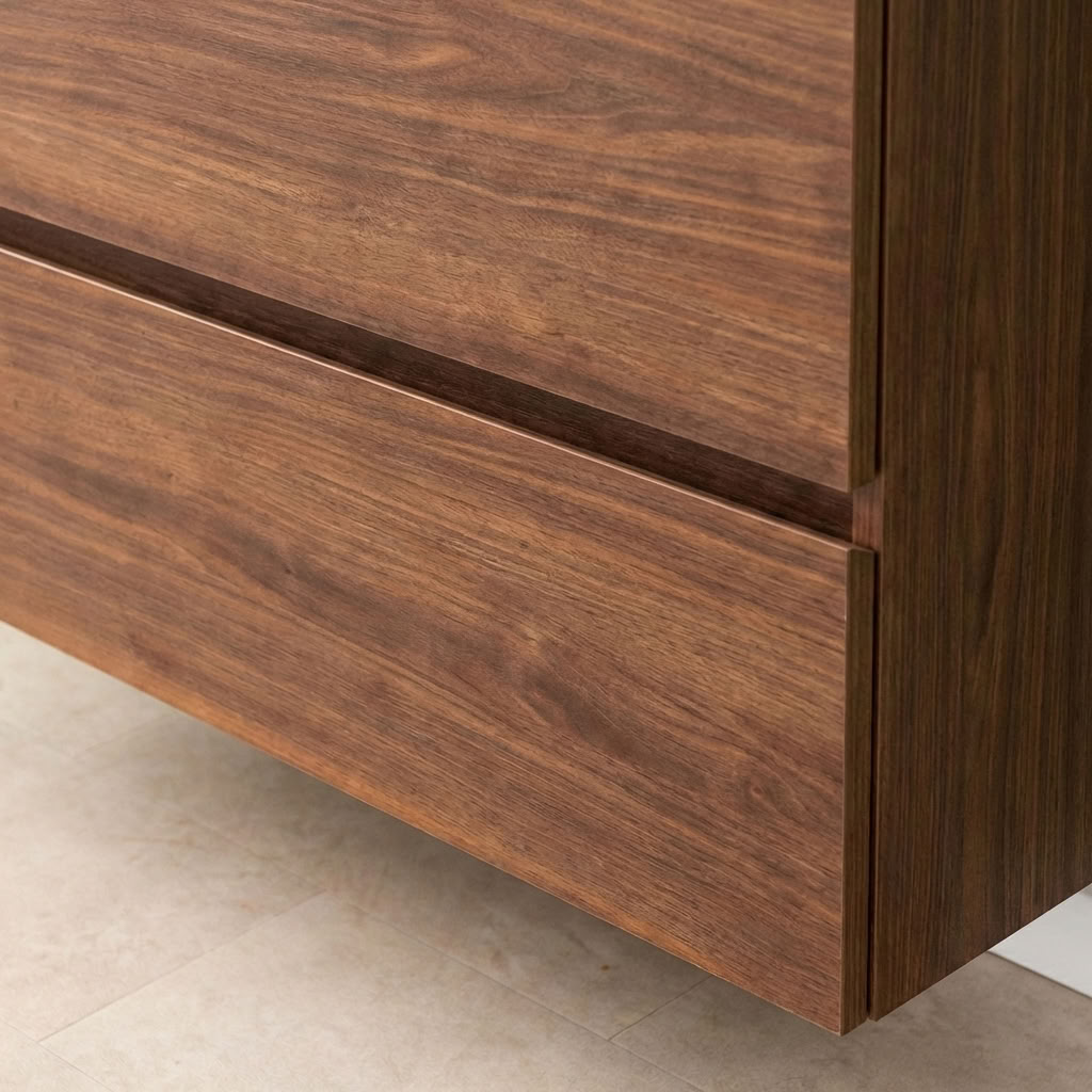 Badkamermeubel Dotan notelaar met dubbele brede wastafel travertinlook 120cm