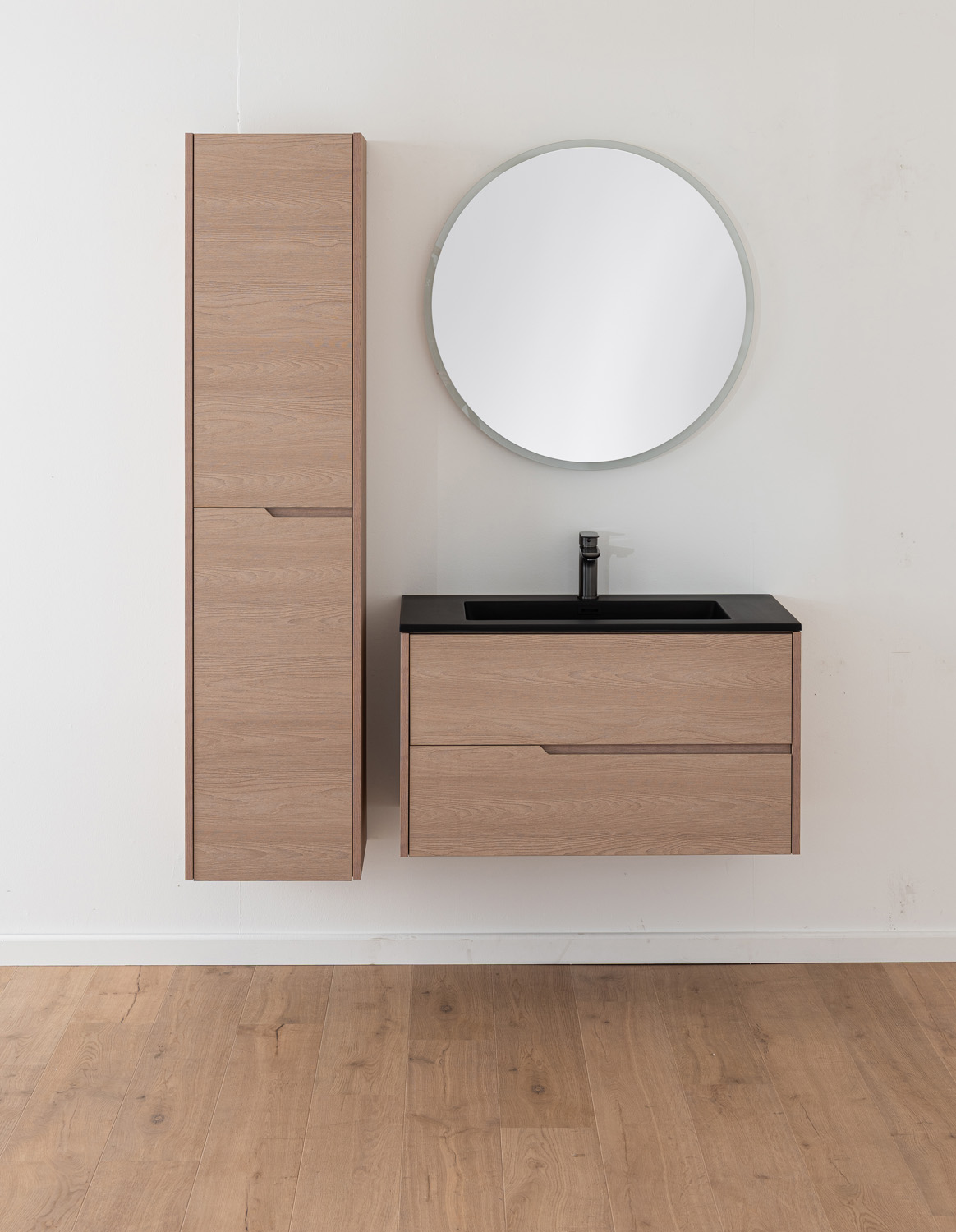 Badkamermeubel Tiago Nordic eik hangend met enkele wastafel mat zwart 90cm