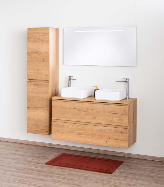 Badkamermeubel Daria eik goudbruin hangend met melamine topblad 120cm
