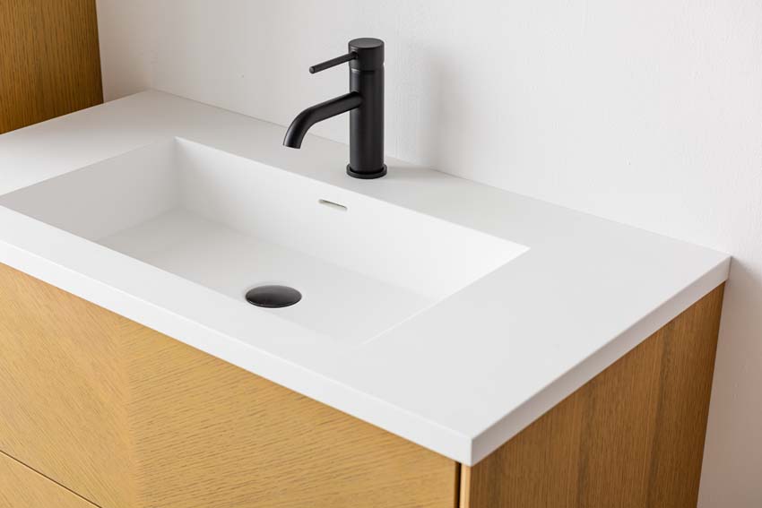 Meuble de salle de bains Waldorf chêne suspendu avec lavabo simple blanc mat 90cm