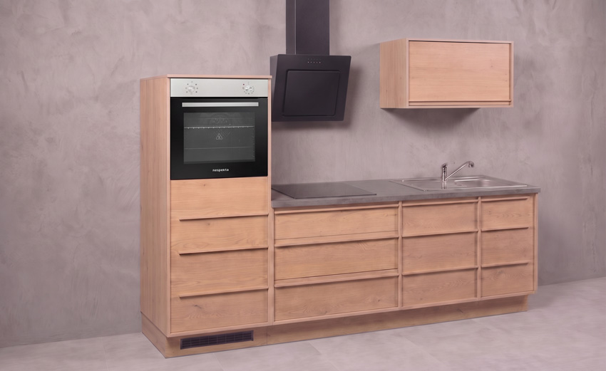 Cuisine Nara chêne 264cm - avec appareils - plaque de cuisson vitrocéramique et hotte murale noire