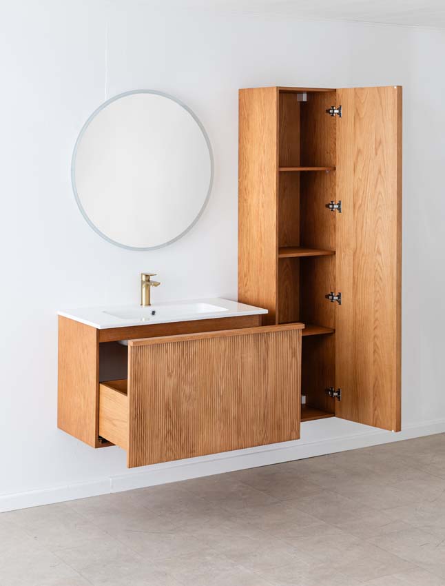 Badkamermeubel Fae eik hangend met enkele wastafel glanzend wit 90cm