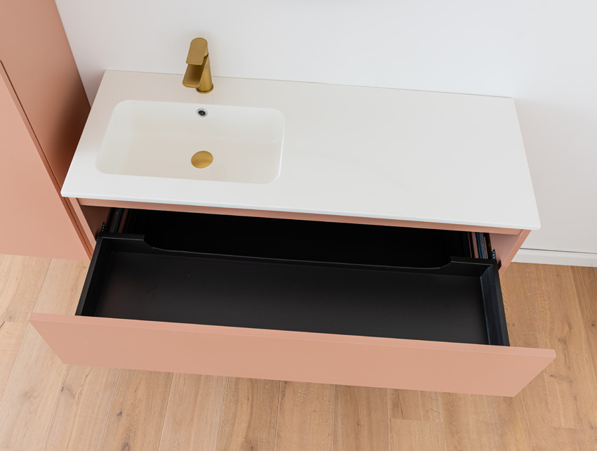 Meuble de salle de bains Dotan abricot suspendu avec lavabo simple gauche blanc brillant 120cm