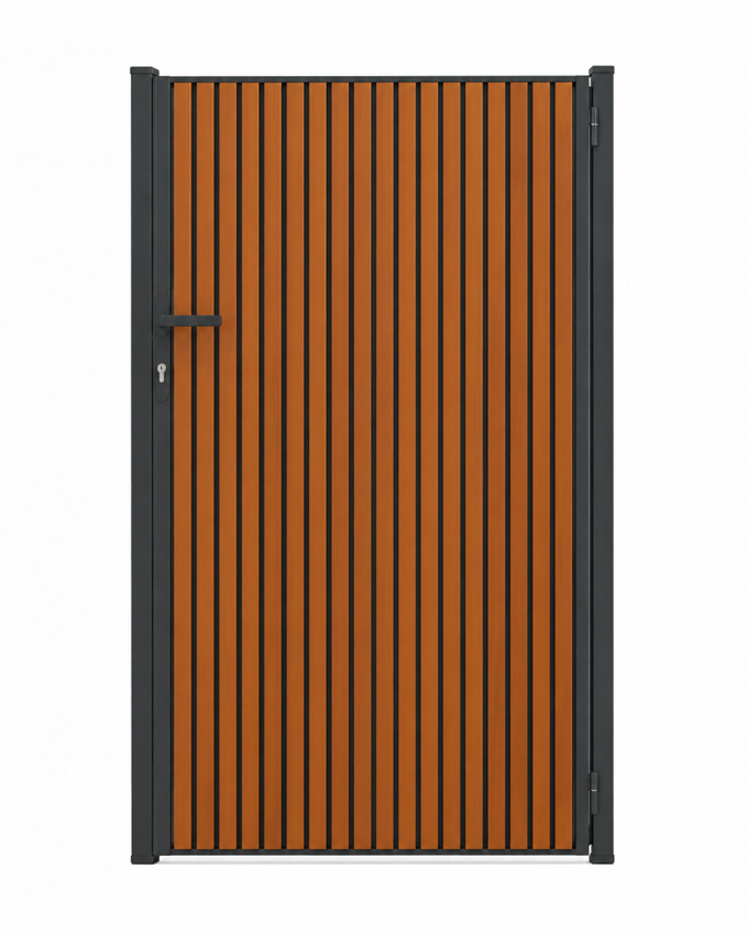 Portillon battant Line Up aluminium aspect bois 100x175cm - fermé avec lames verticales, ouverture à gauche, quincaillerie incluse