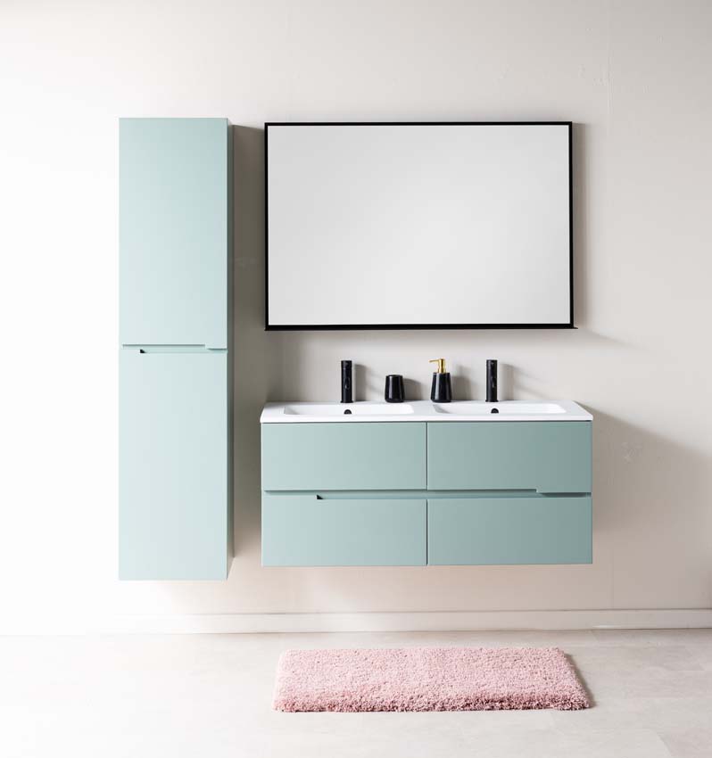 Meuble de salle de bains Truman vert gris suspendu avec lavabo double blanc mat 120cm