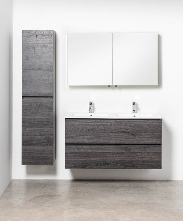 Meuble de salle de bains Dotan chêne foncé suspendu avec lavabo double blanc mat 120cm