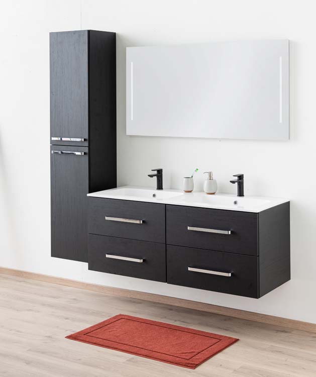 Meuble de salle de bains Plato noir suspendu avec lavabo double blanc brillant et poignées chromées 140cm