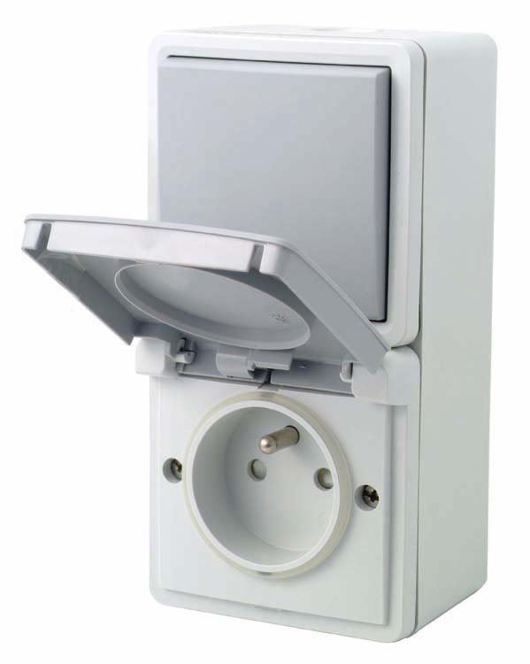 Prise hydro + terre + interrupteur + boîte vertical gris Prise hydro + terre + interrupteur + boîte vertical gris