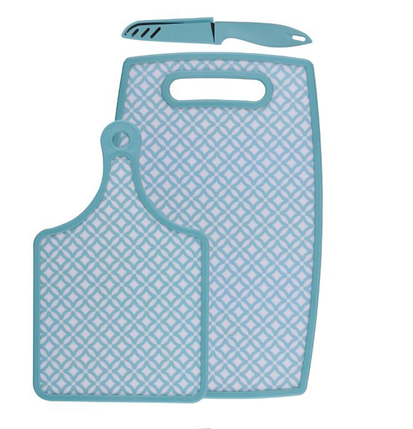 Snijplank kunststof turquoise/wit set van 2 + mes