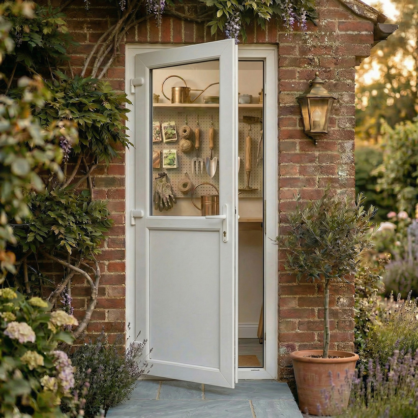 Buitendeur halfglas PVC helder glas wit 980x2180mm linkstrekkend naar buiten opendraaiend