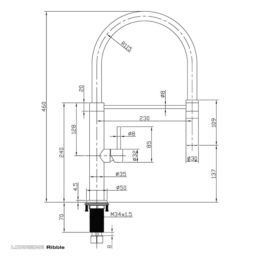 Keukenkraan Lorreine Ribble inox met uittrekbare uitloop