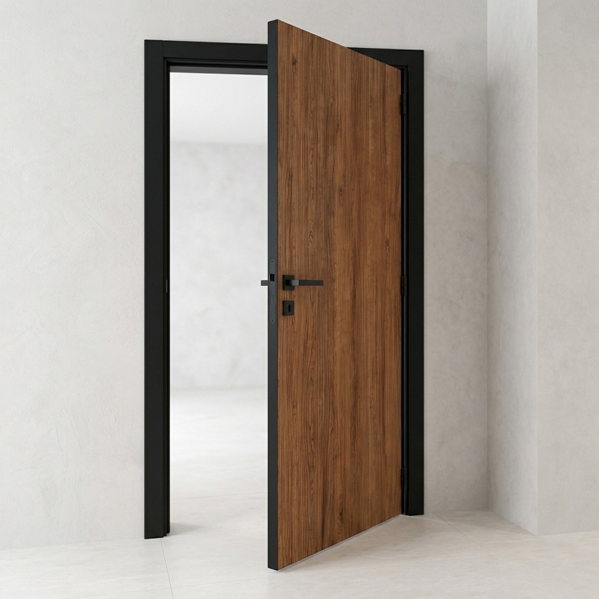 Porte intérieure complète Pure noyer 201,5x63cm aggloméré tubulaire réversible + châssis noir 16,5cm