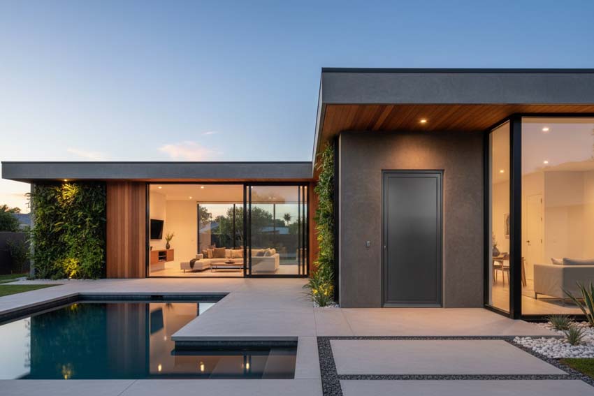 Porte extérieure Tavira en aluminium panneau plat noir sur mesure poussant à droite