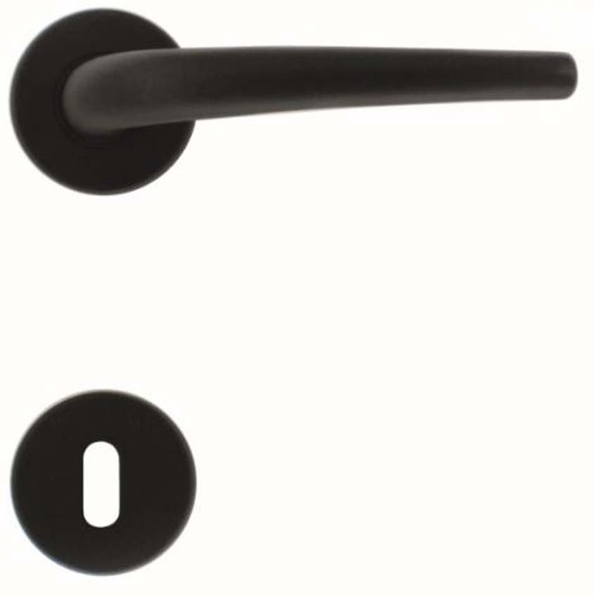 Deurkruk pro Lilla zwart rond complete set met rozetten en sleutelplaat Deurkruk pro Lilla zwart rond complete set met rozetten en sleutelplaat