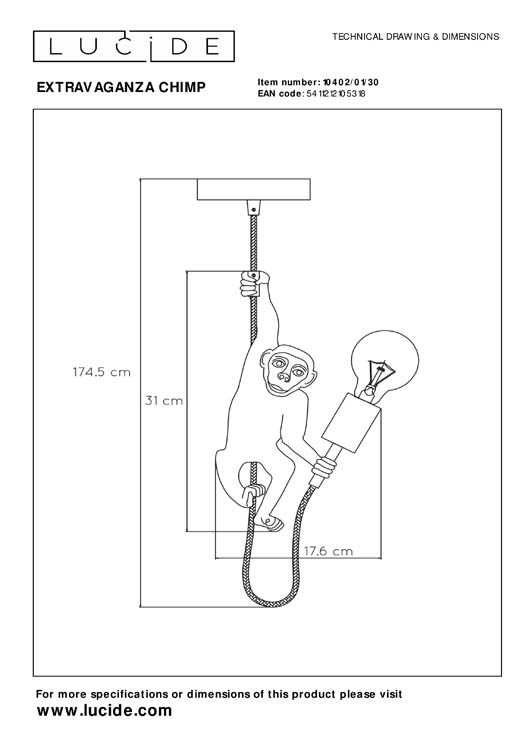 Hanglamp aap - zwart/goud - E27 - 40W