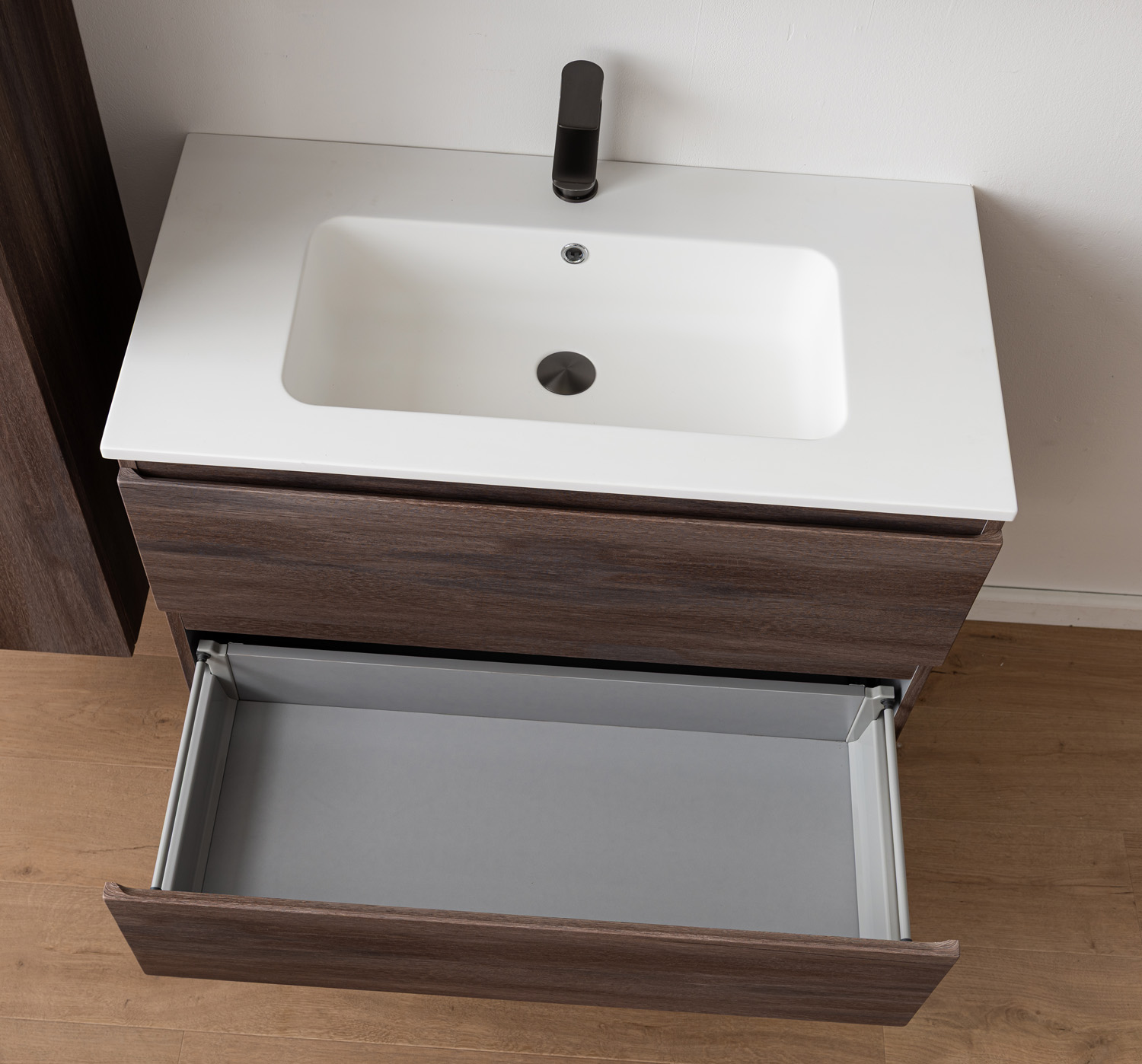 Meuble de salle de bains Tarik chêne ambré suspendu avec vasque simple blanc mat 90cm
