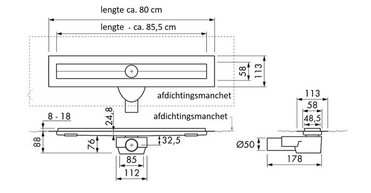 Caniveau de douche inox gris 80cm