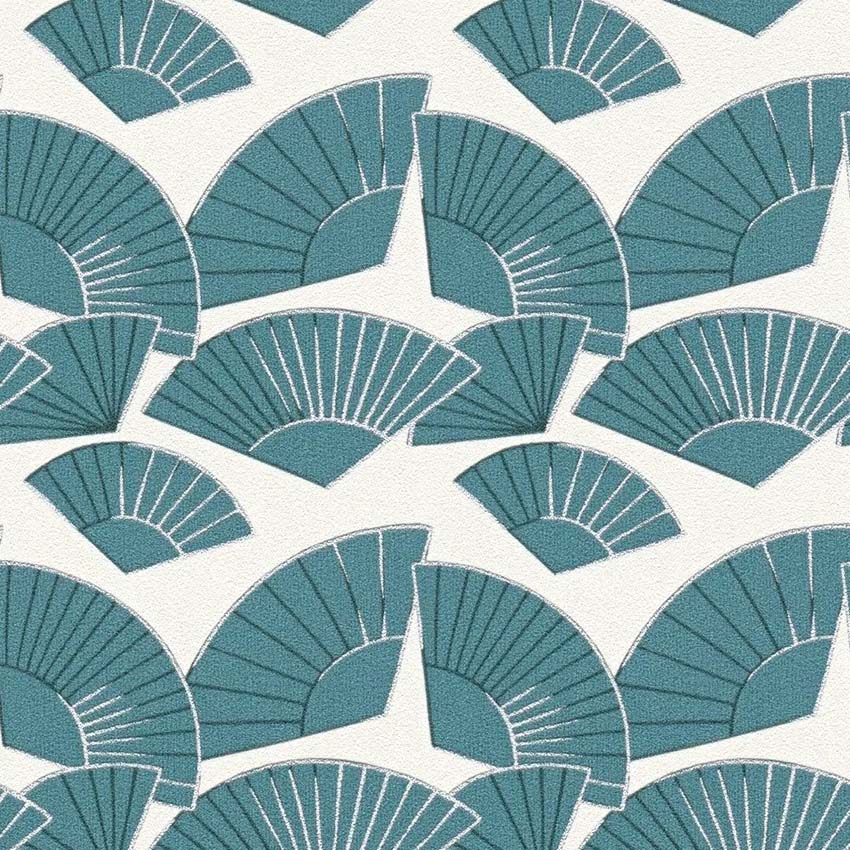 Vinyl op vliesbehang wit + waaiers blauw 0,53x10m