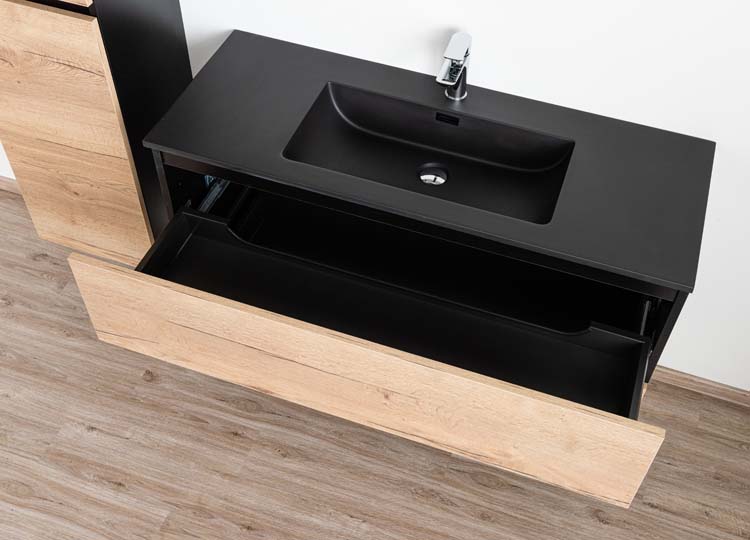 Meuble de salle de bains Dotan chêne suspendu avec lavabo simple noir mat 120cm