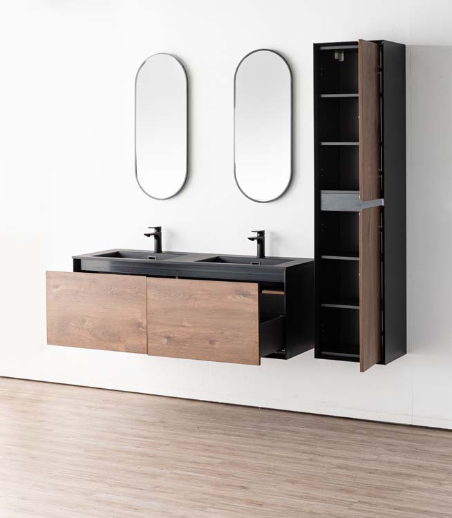 Badkamermeubel Justin notelaar hangend met dubbele wastafel mat zwart 140cm