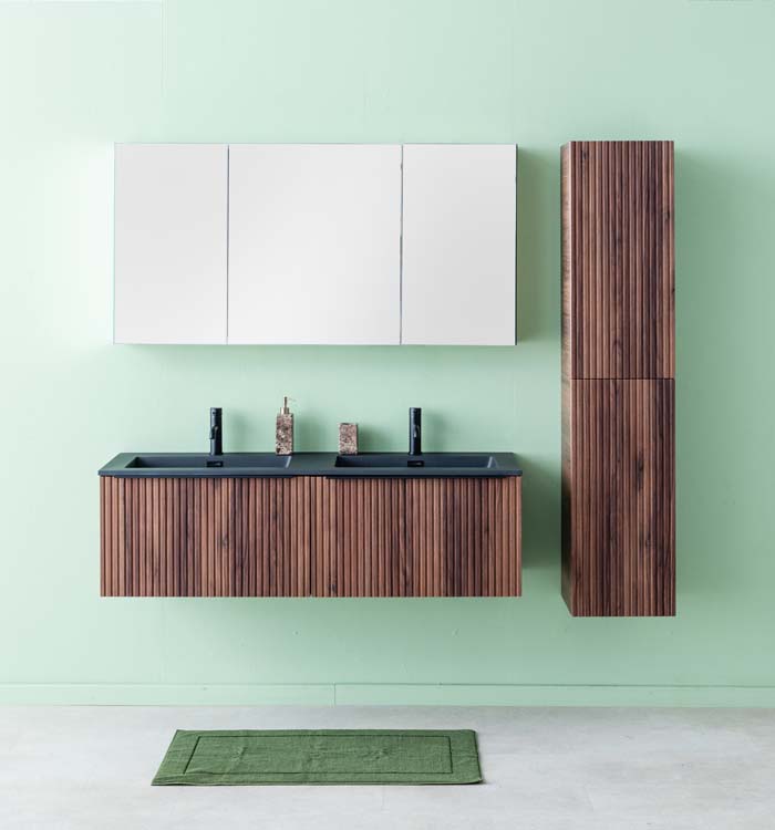 Meuble de salle de bains Soetkin noyer suspendu avec lavabo double noir mat 140cm