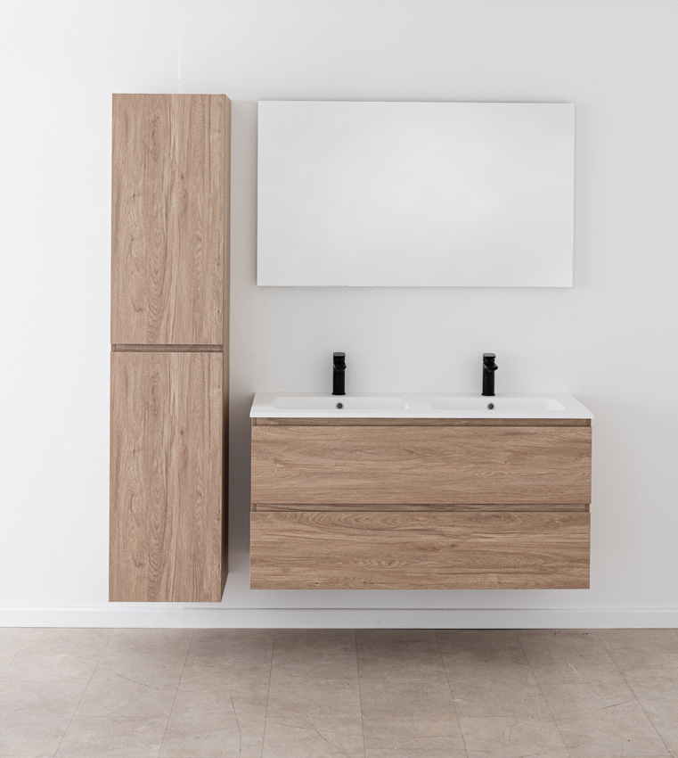 Meuble de salle de bain Bianca aspect chêne suspendu avec double lavabo blanc mat 120,5cm