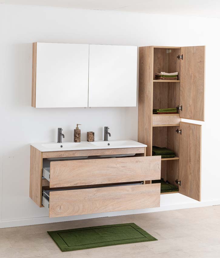 Meuble de salle de bain Tibo en chêne méditerranéen avec double lavabo blanc mat 120cm