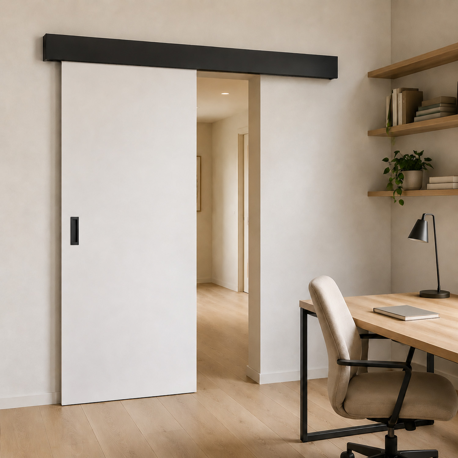 Porte coulissante simple complète Palladium blanche 93x211,5cm âme tubulaire + rail et cache-rail noir