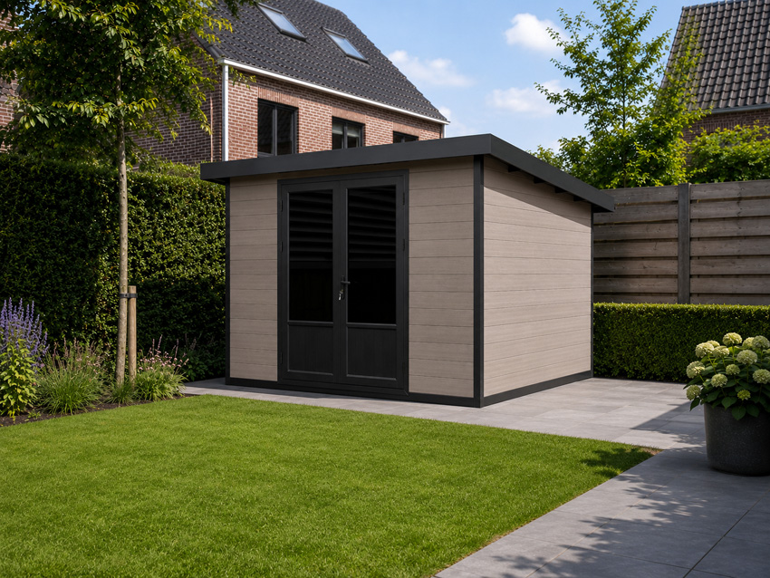 Tuinhuis Yana L WPC stone grey/sandstone 290x290cm dubbele deur