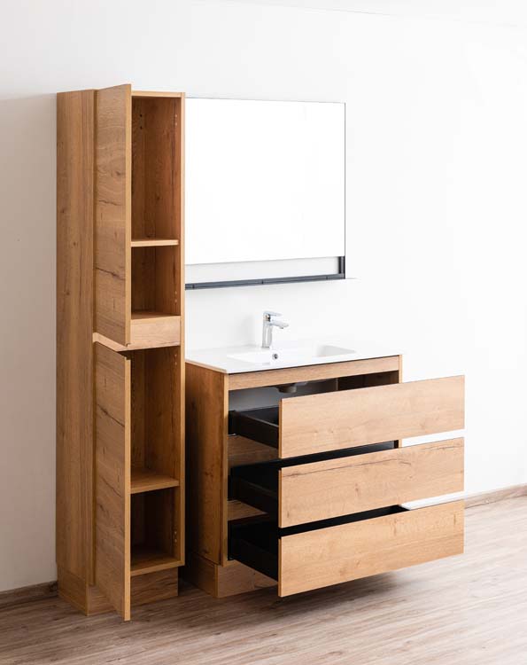 Badkamermeubel Daria eik goudbruin staand met enkele porseleinen wastafel glanzend wit 90cm